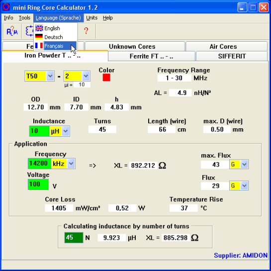 Screenshot Mini ring core calculator